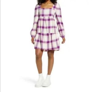 NWOT BP Purple White  Plaid Long Sleeve Square Neck Mini Dress Sz L